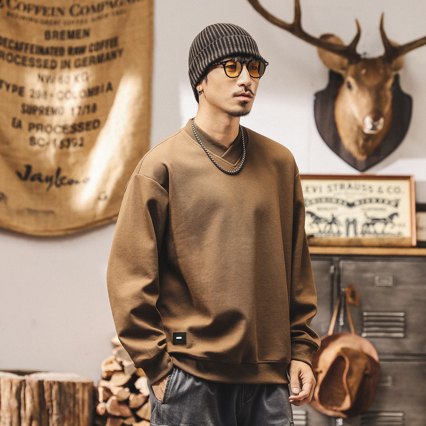 美式重磅復古極簡V領衛衣男春秋潮牌2025新款內搭寬鬆休閒上衣男