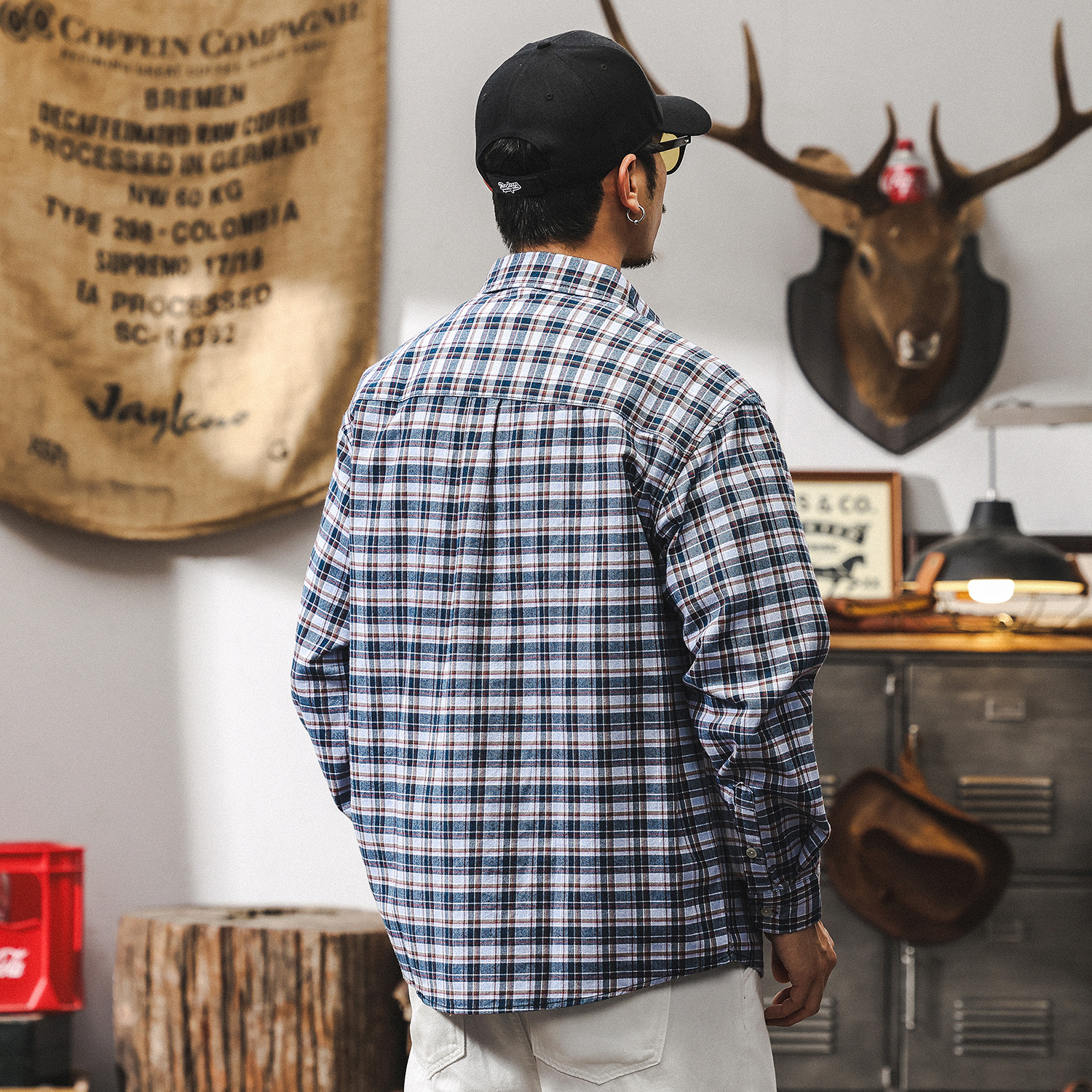 美式復古格子襯衫男長袖春季2025新款日系寬鬆潮流休閒襯衣男上衣