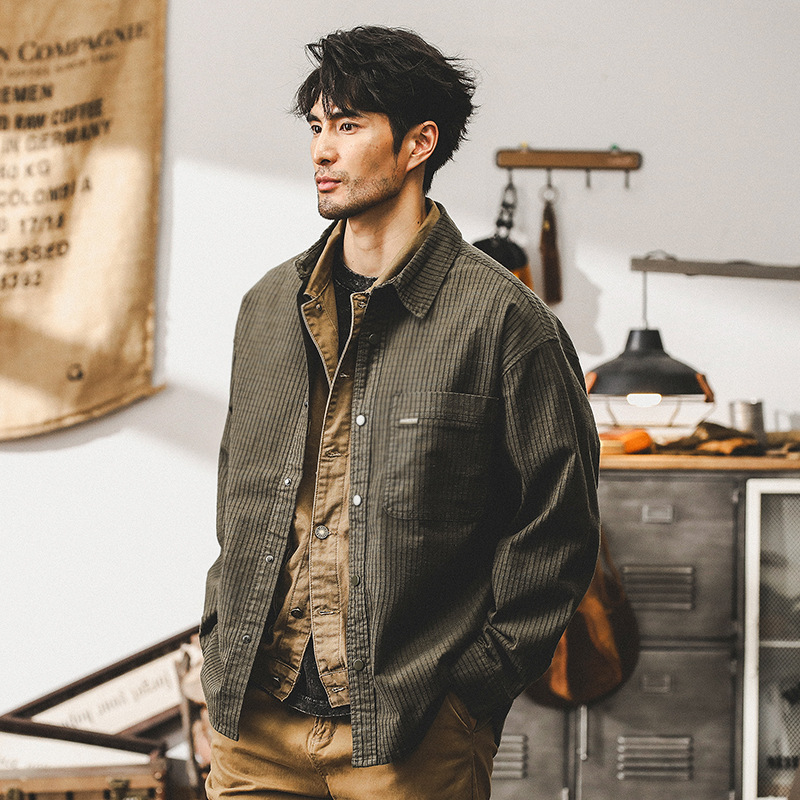 美式重磅復古長袖襯衫外套男春秋款潮牌寬鬆華夫格肌理秋季襯衣男