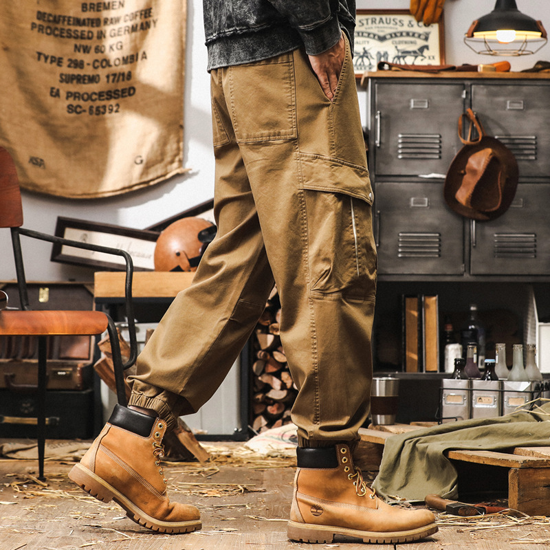 美式復古工裝褲男2024新款寬鬆潮牌卡其色褲子男秋季束腳休閒褲男