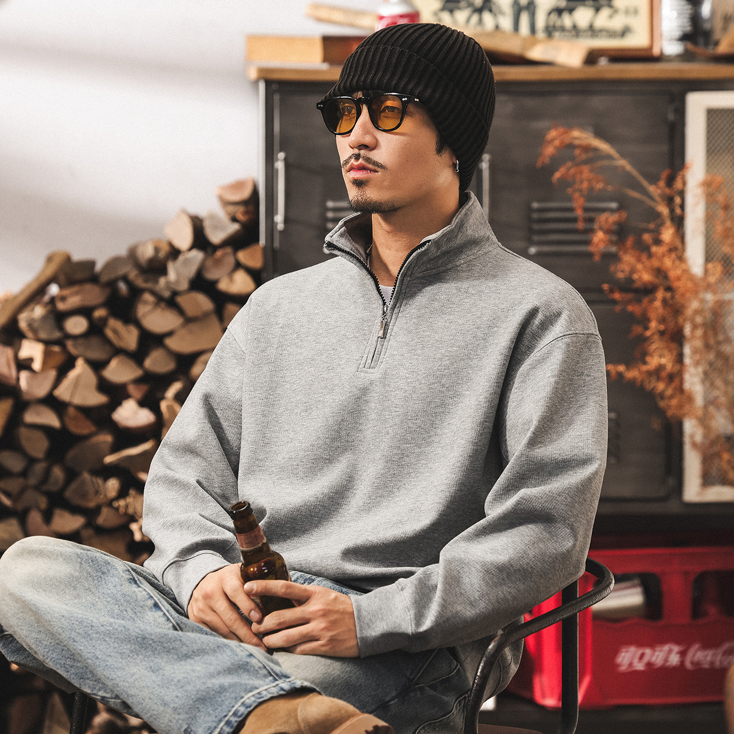 美式復古立領重磅衛衣男新款秋季男士上衣春秋寬鬆休閒半拉鍊外套