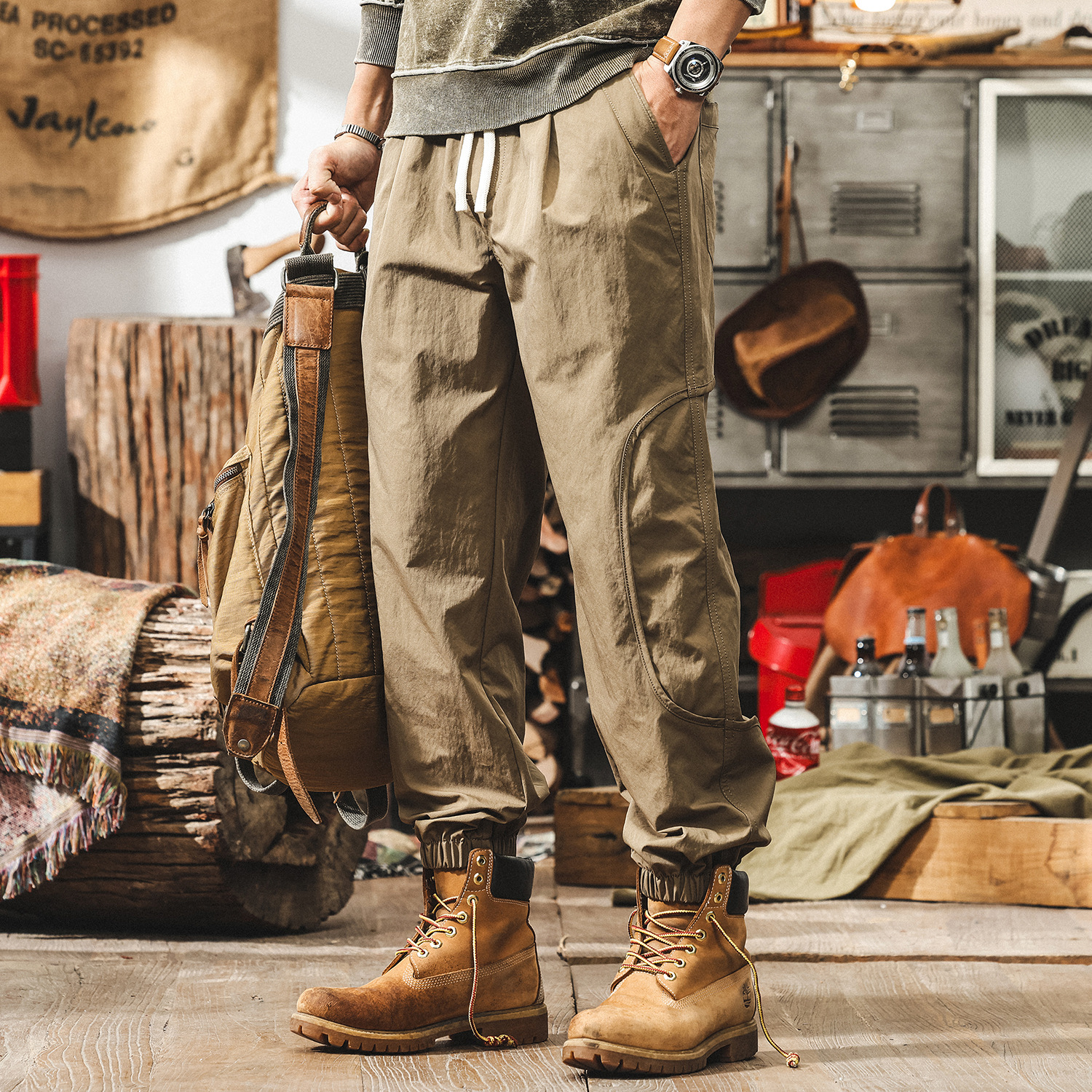 美式復古薄款冰絲褲子男夏季透氣速幹寬鬆男士休閒褲潮牌束腳男褲