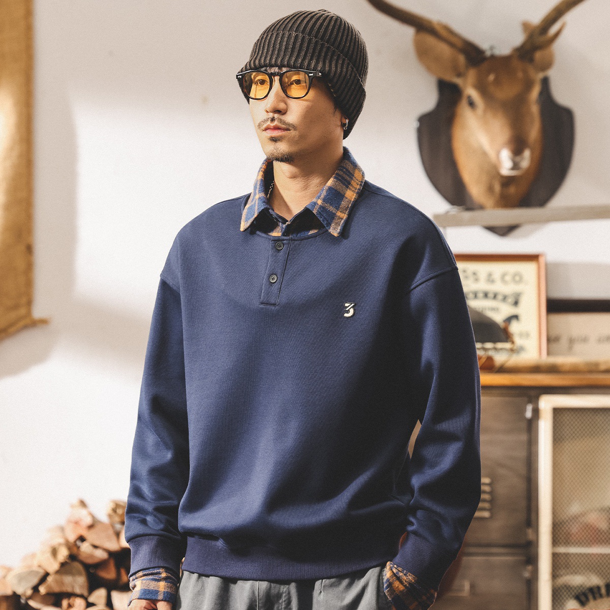 美式復古360g重磅衛衣男秋季潮牌寬鬆休閒襯衫領假兩件外套男春秋