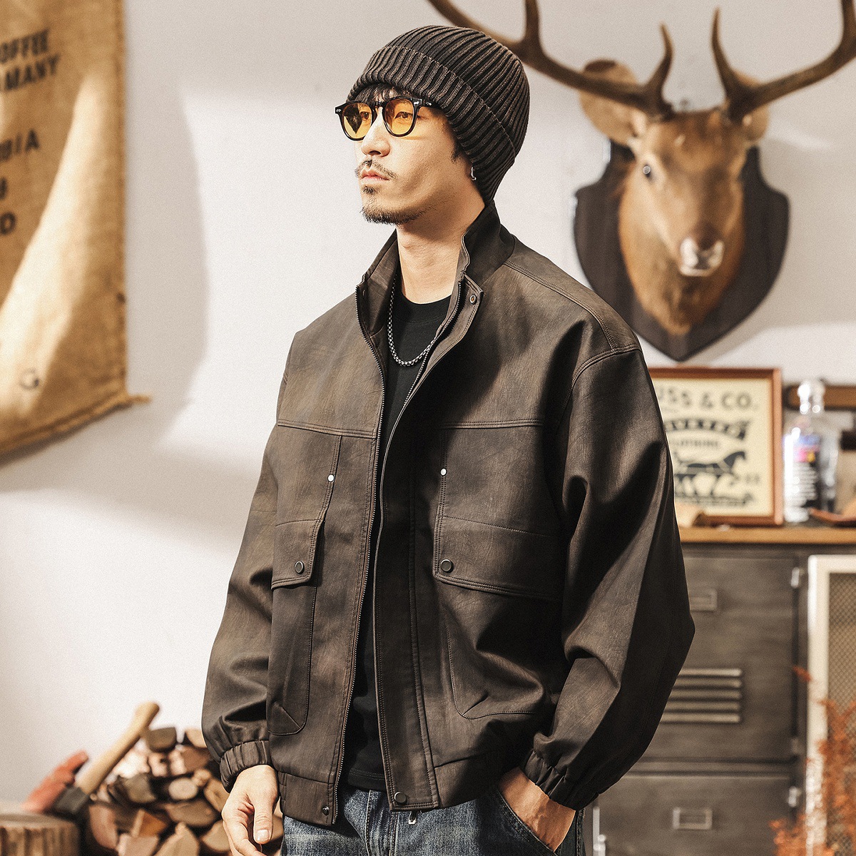 美式復古啞光做舊PU皮衣外套男春秋新款潮流痞帥機車立領工裝夾克