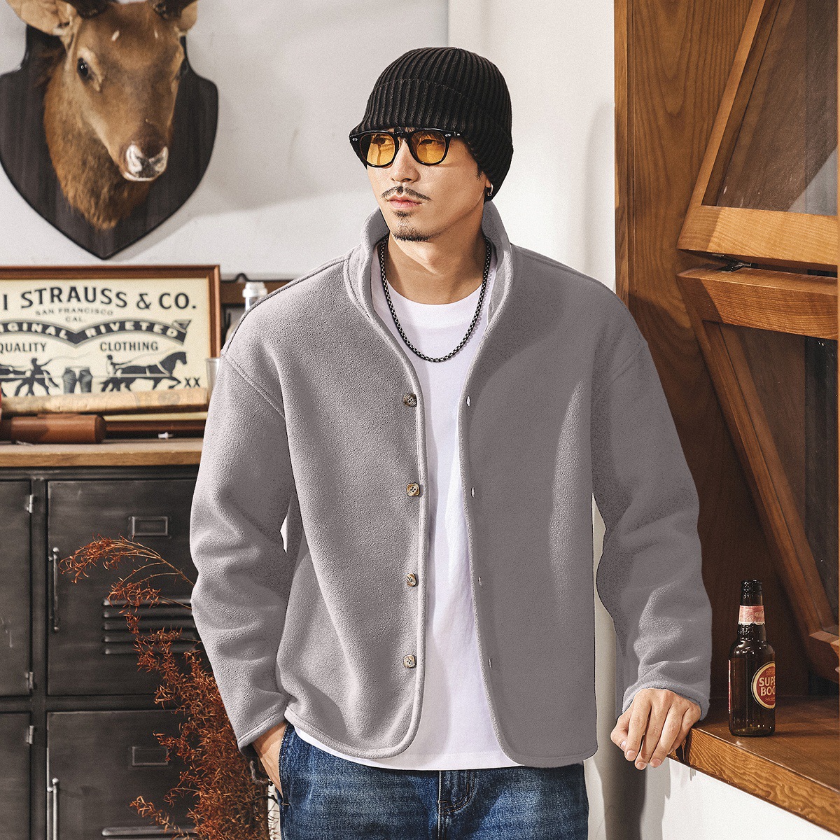 美式復古重磅保暖內膽戶外抓絨衣男冬季加厚內搭搖粒絨休閒外套男