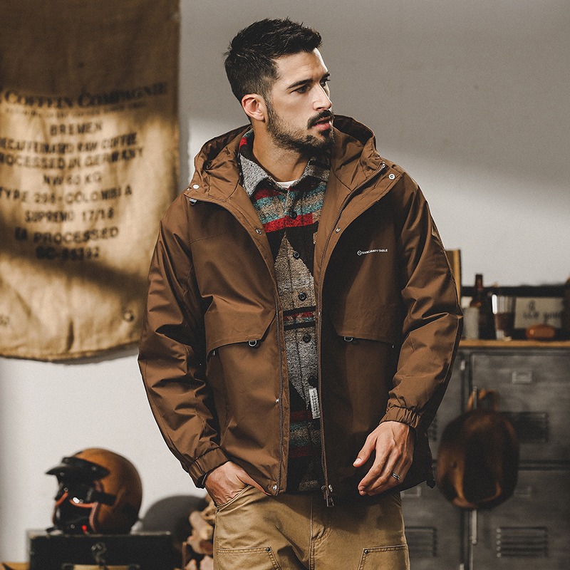 山系連帽衝鋒衣外套男秋冬款城市戶外通勤機能工裝夾克男冬季棉服