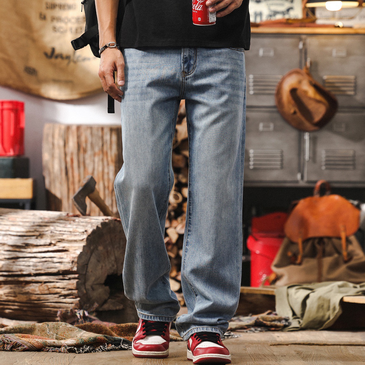 萊賽爾天絲垂感薄款淺藍色牛仔褲男春季美式復古直筒水洗休閒長褲