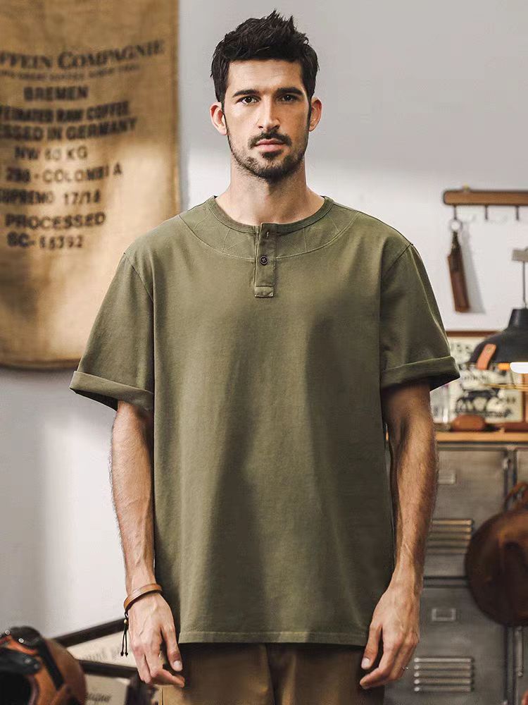 美式重磅復古衛衣男秋冬款潮牌寬鬆大碼水洗做舊打底亨利杉男