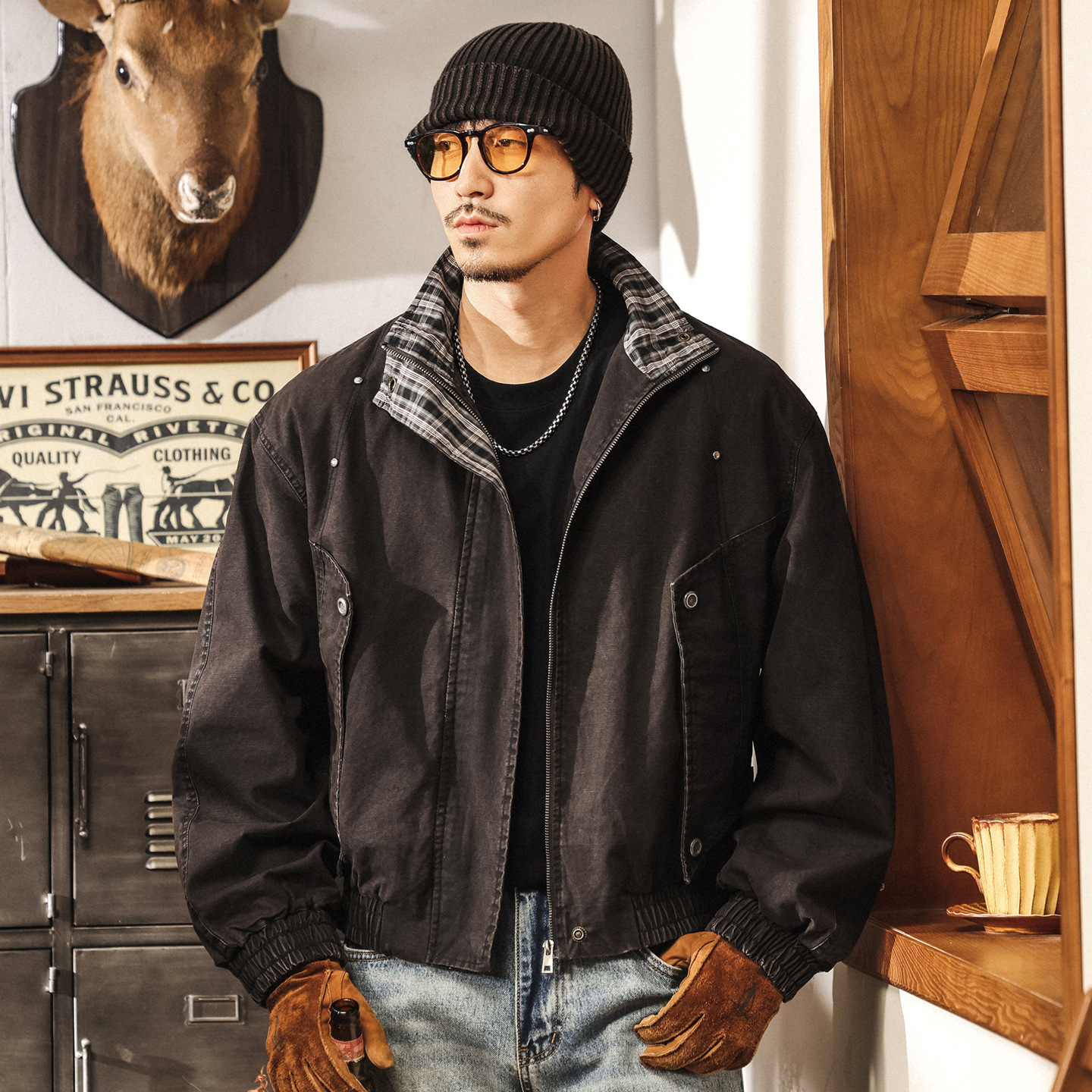 美式復古重磅工裝夾克男寬鬆秋冬款潮牌格紋飛行員短款秋季外套男