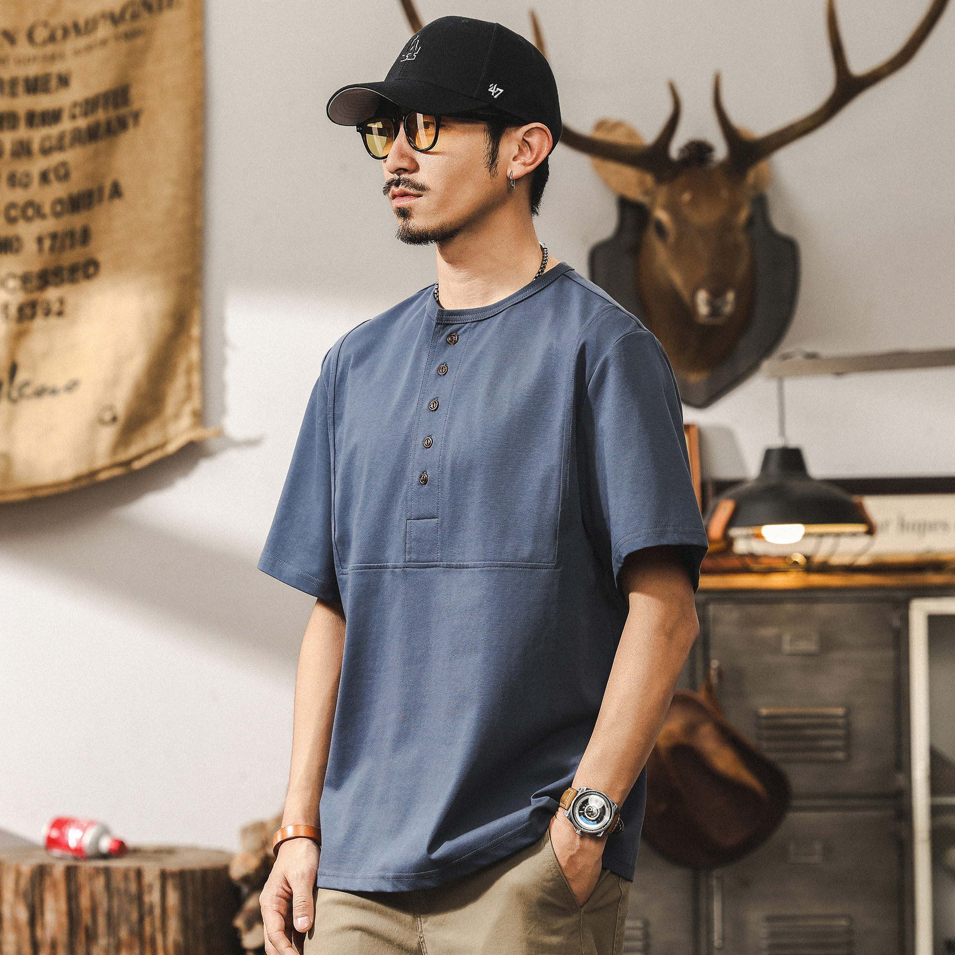 美式復古重磅T恤男夏季短袖寬鬆2025新款潮流硬漢亨利領Polo衫男