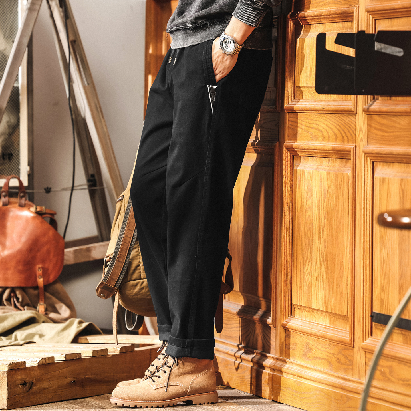 美式復古簡約男士休閒褲2025新款秋季黑色工裝褲子男寬鬆直筒長褲
