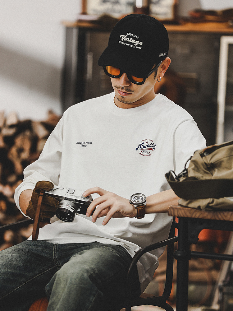 美式260g重磅T恤男長袖2024新款寬鬆簡約印花體恤男男士上衣