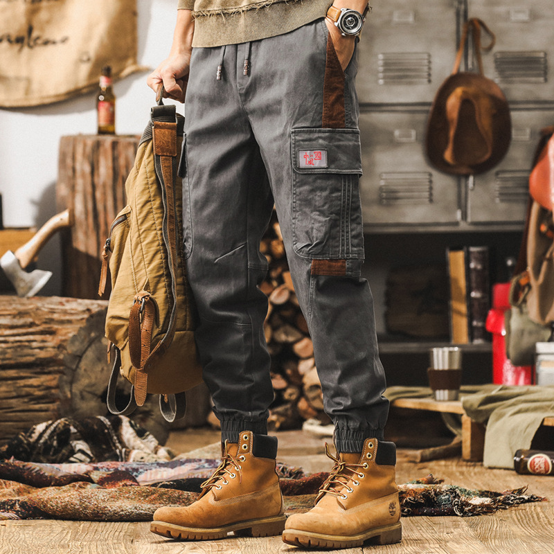 美式復古工裝褲子男秋季2024新款潮牌戶外束腳褲男士卡其色休閒褲