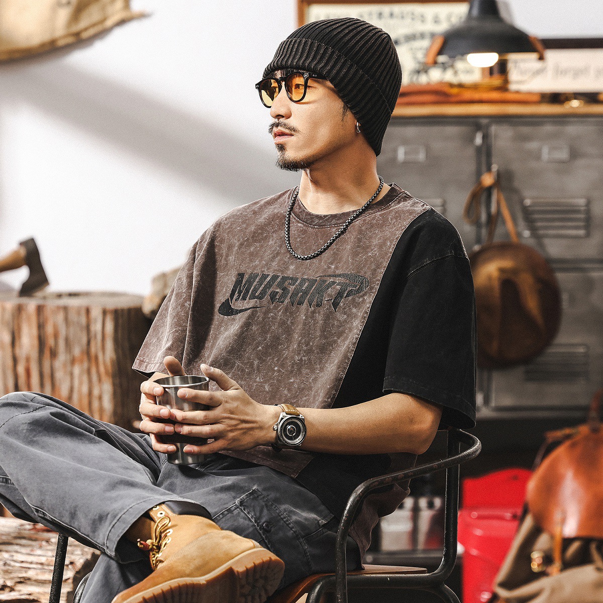 美式復古水洗做舊重磅T恤男短袖2025新款夏季寬鬆撞色半袖上衣男T