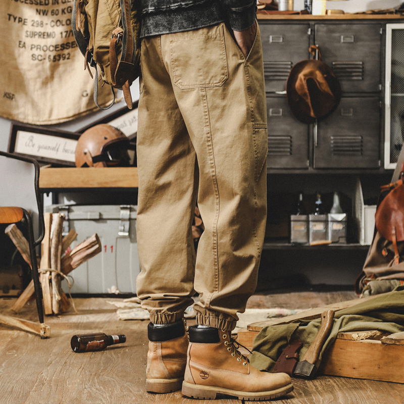 美式復古休閒褲男秋季潮牌寬鬆大碼束腳褲戶外工裝男士卡其色褲子