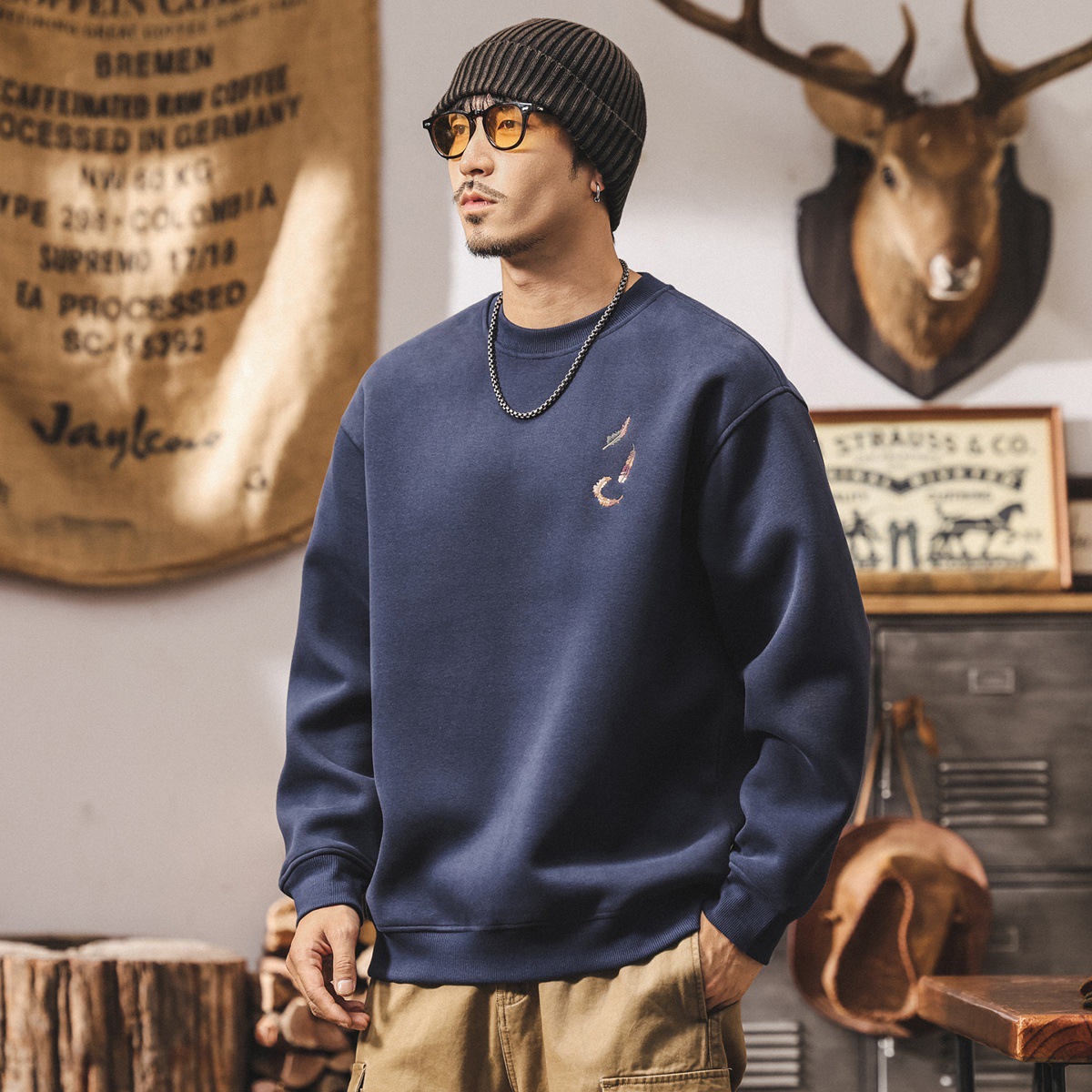 美式復古潮流刺繡衛衣男春秋新款420g重磅寬鬆大碼長袖休閒上衣男