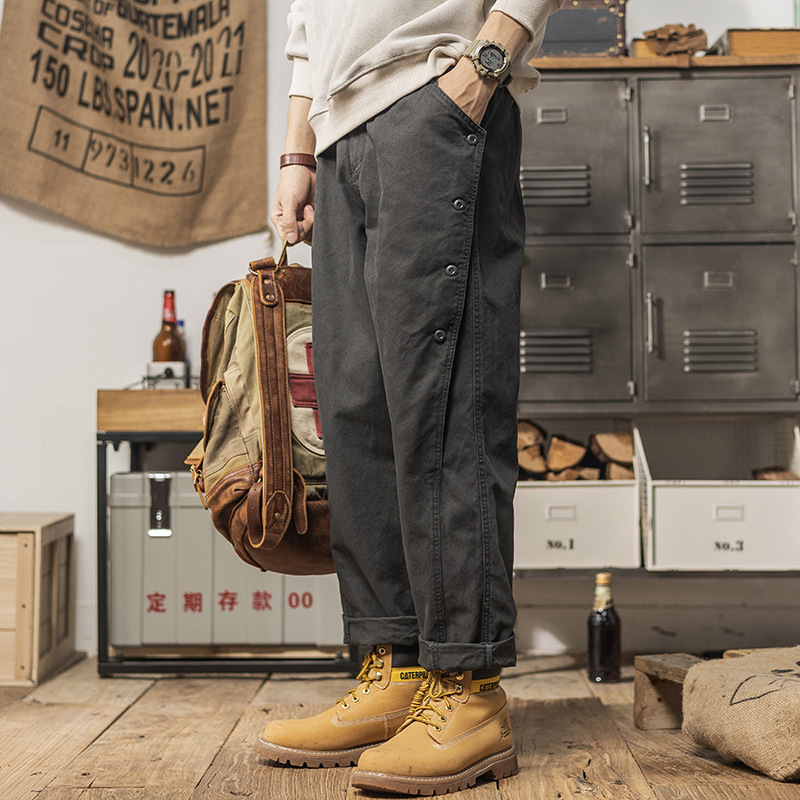 2024重磅排扣褲子設計款休閒褲春季男士寬鬆直筒潮流經典工裝長褲