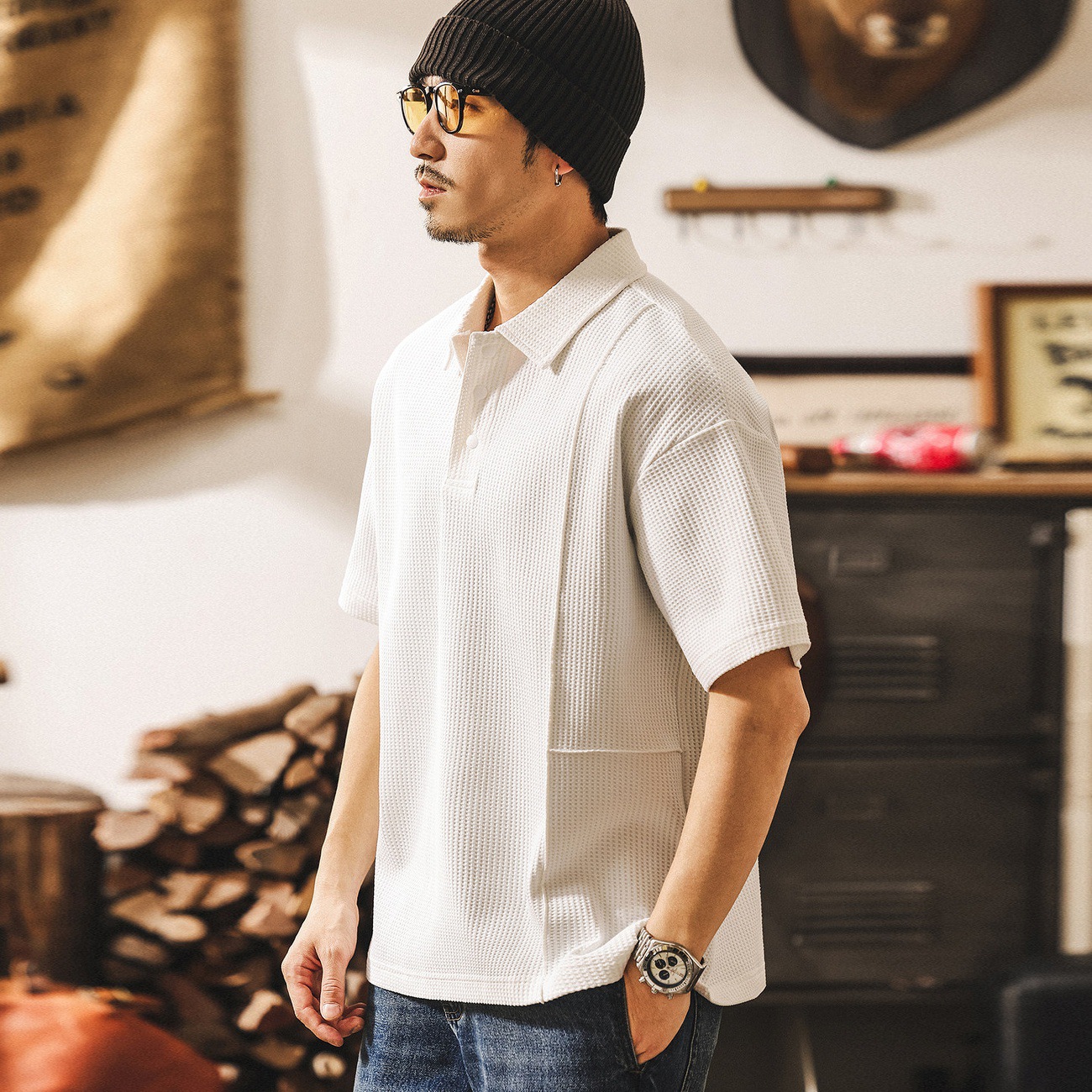 美式復古華夫格Polo衫短袖男夏季2026新款潮牌寬鬆休閒翻領T恤男