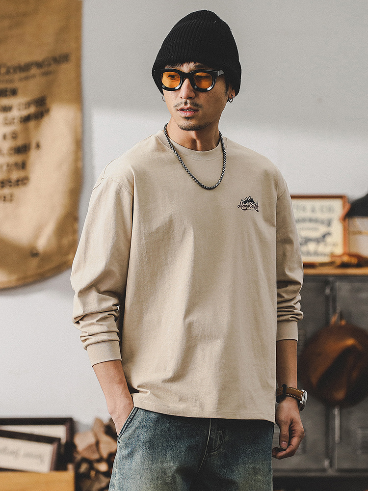 260g重磅双本针男士T恤长袖美式山系印花宽松上衣潮牌衣服男纯棉T