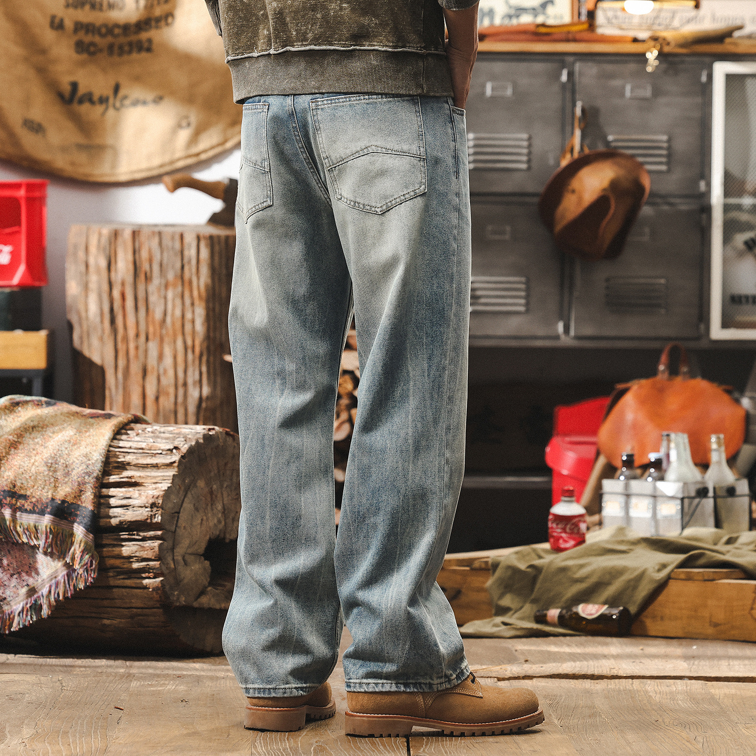 美式復古冰川藍微喇牛仔褲男寬鬆直筒2025年新款淺色休閒男士褲子