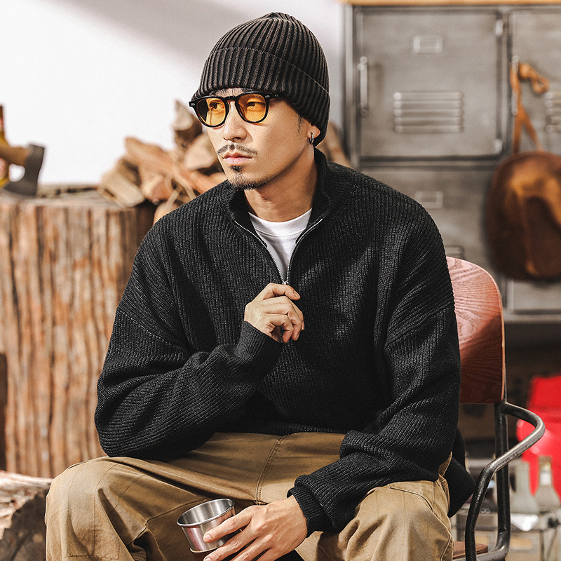 美式復古710g重磅毛衣男冬季加厚半高領拉鏈慵懶風針織毛衫外套男