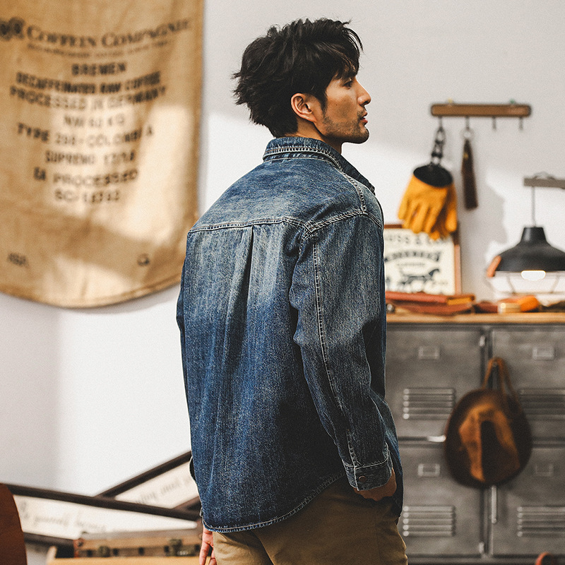 美式重磅竹節棉牛仔外套男款春秋潮牌紋理磨白寬松休閑長袖襯衫男