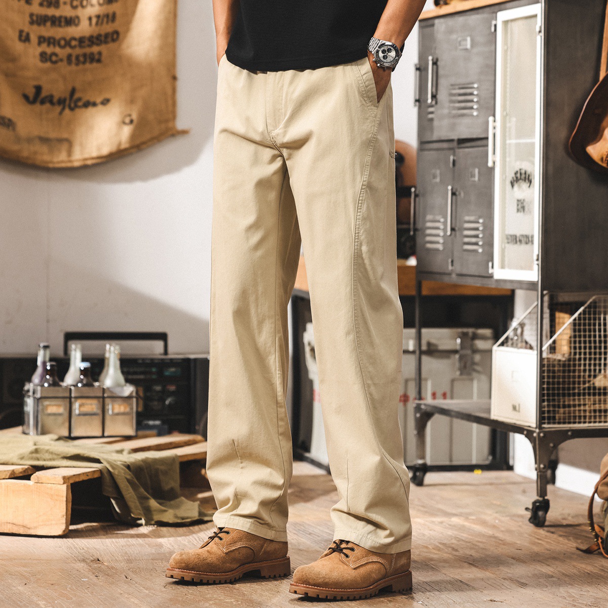 夏季薄款萊賽爾休閒褲男士2025新款潮牌寬鬆直筒卡其色工裝長褲子
