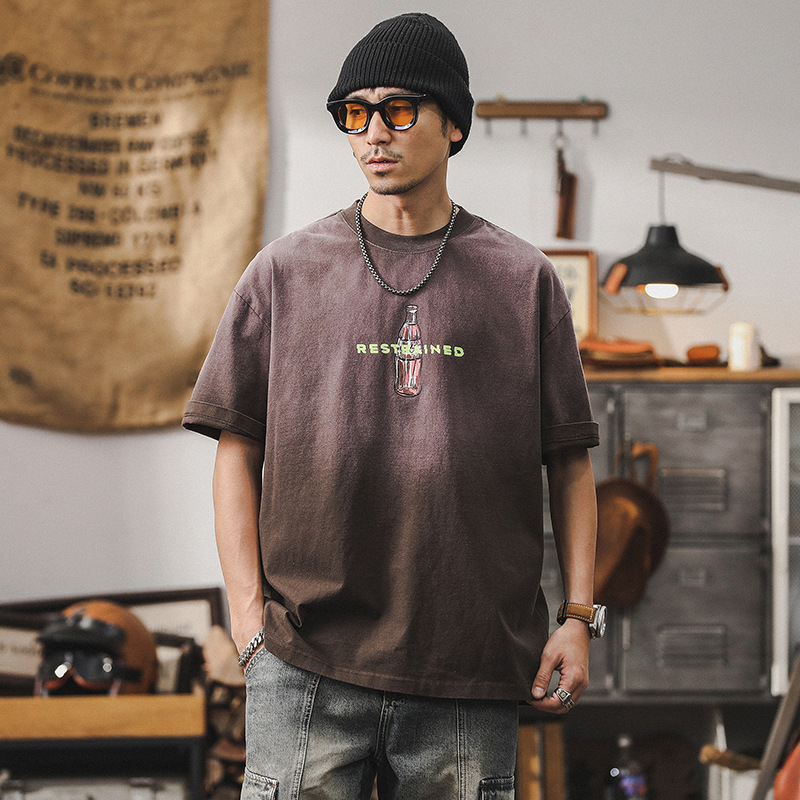 夏季咖色重磅T恤男短袖個性創意印花潮流男士半袖寬鬆上衣男