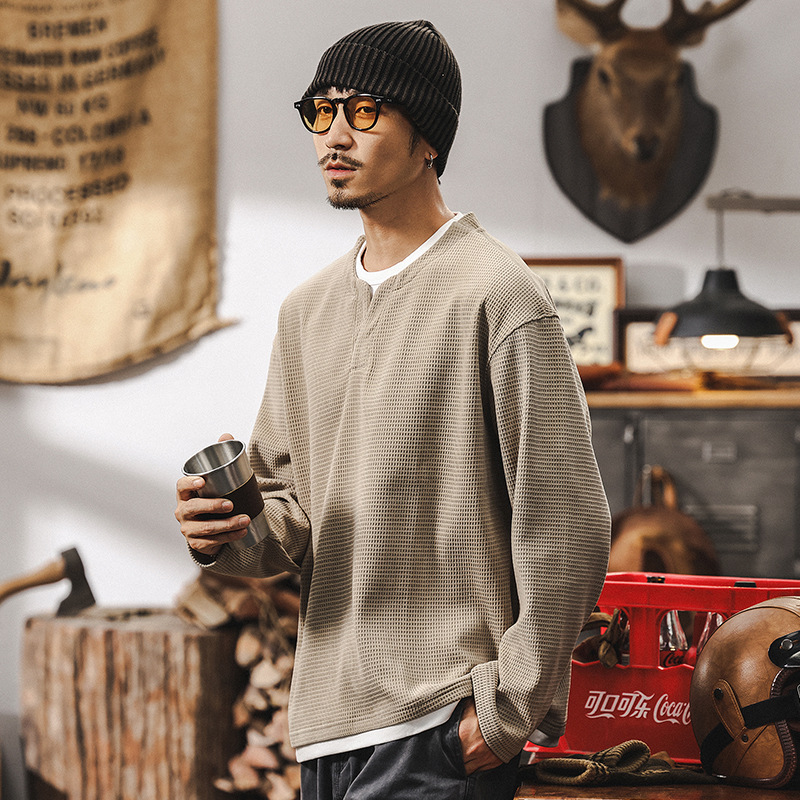 美式復古400g重磅假兩件歐棉絨長袖t恤男冬季加絨衛衣男士亨利衫