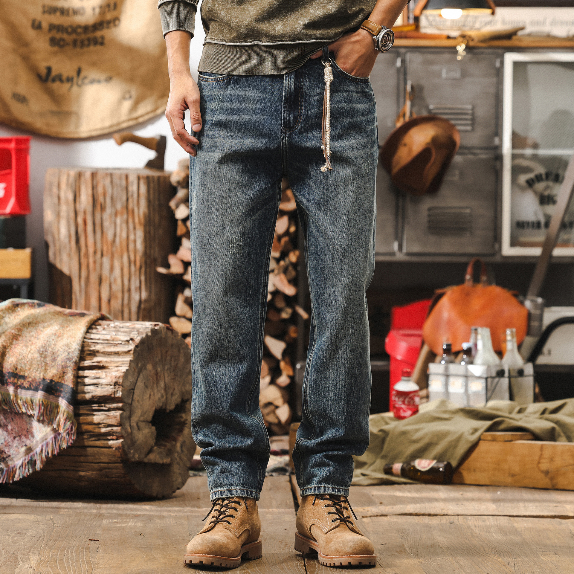 美式復古做舊水洗牛仔褲男款夏季寬鬆直筒褲子男潮牌錐形休閒長褲