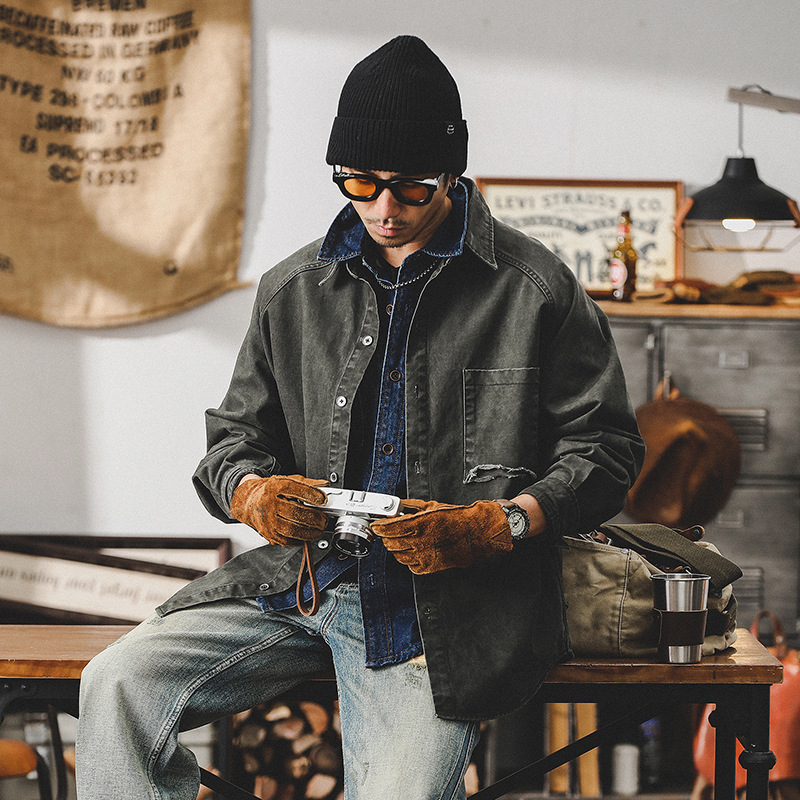 復古洗褪工裝襯衫男長袖寬鬆硬漢獵裝教練夾克外套男春季