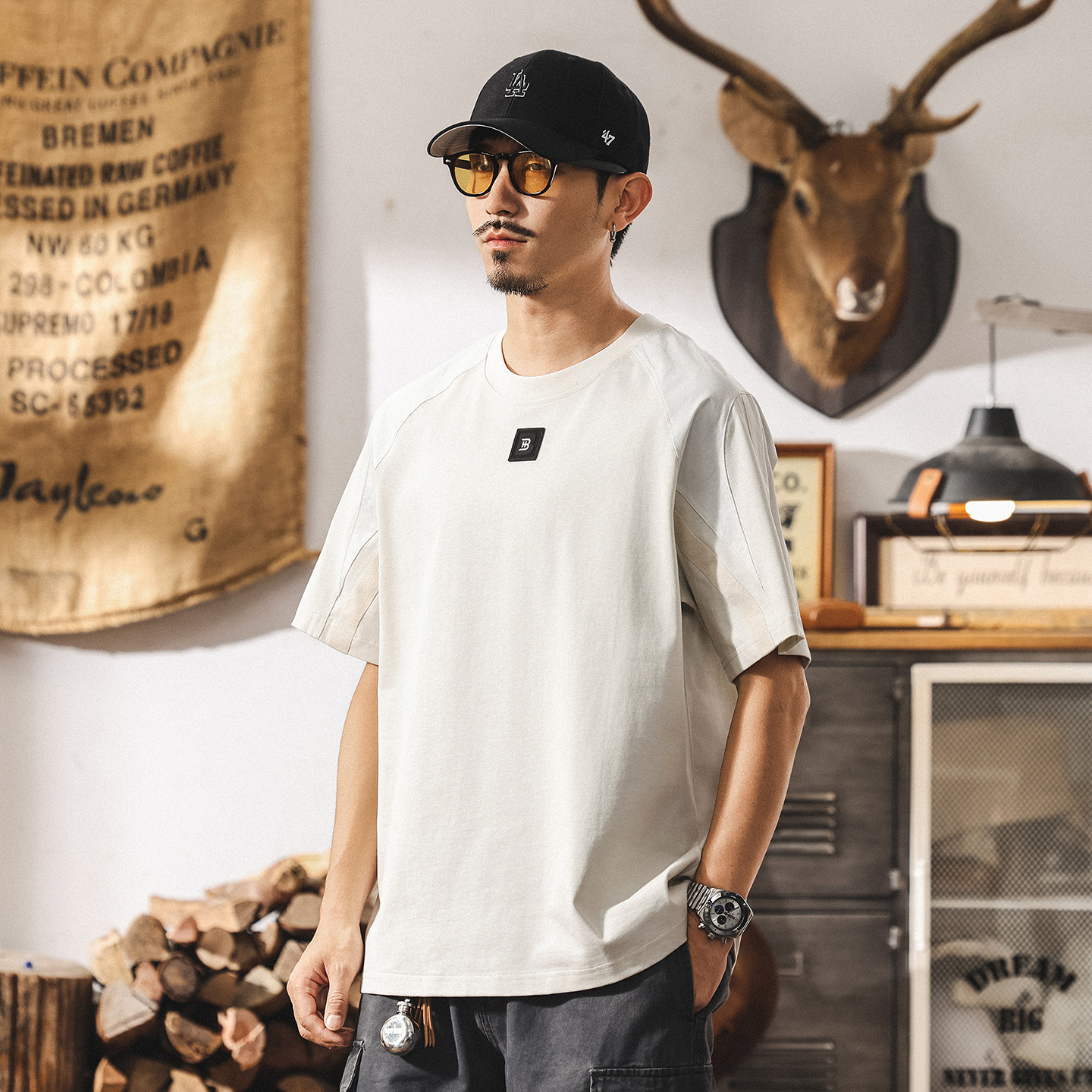 美式復古重磅T恤男短袖夏季新款拼接高級感寬鬆男生半袖上衣T