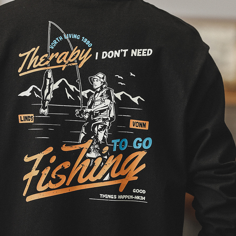 美式戶外釣魚印花重磅T恤男長袖2024新款男裝潮牌寬鬆上衣男