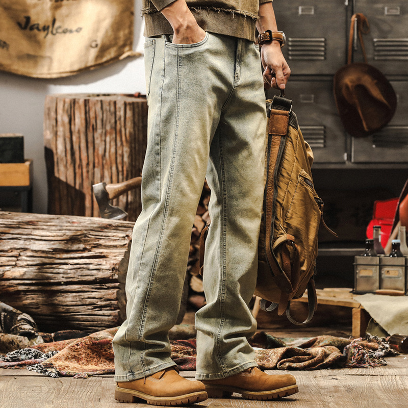 美式經典復古黃泥染牛仔褲男秋季新款潮牌高街寬鬆直筒休閒長褲男