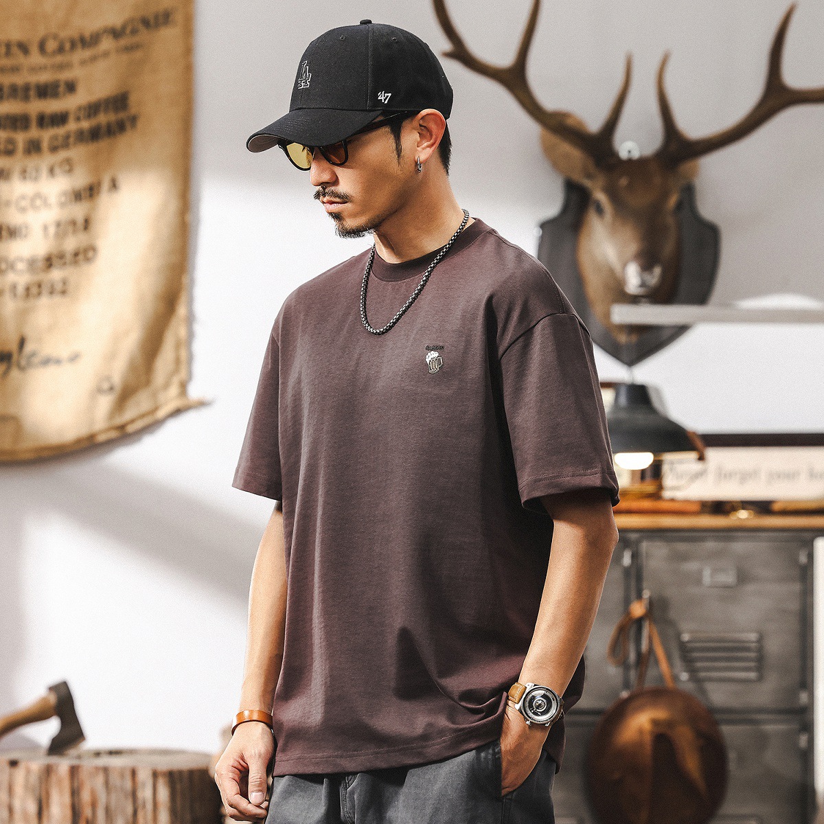 美式復古短袖T恤男士2025新款潮流上衣重磅寬鬆大碼男裝夏季