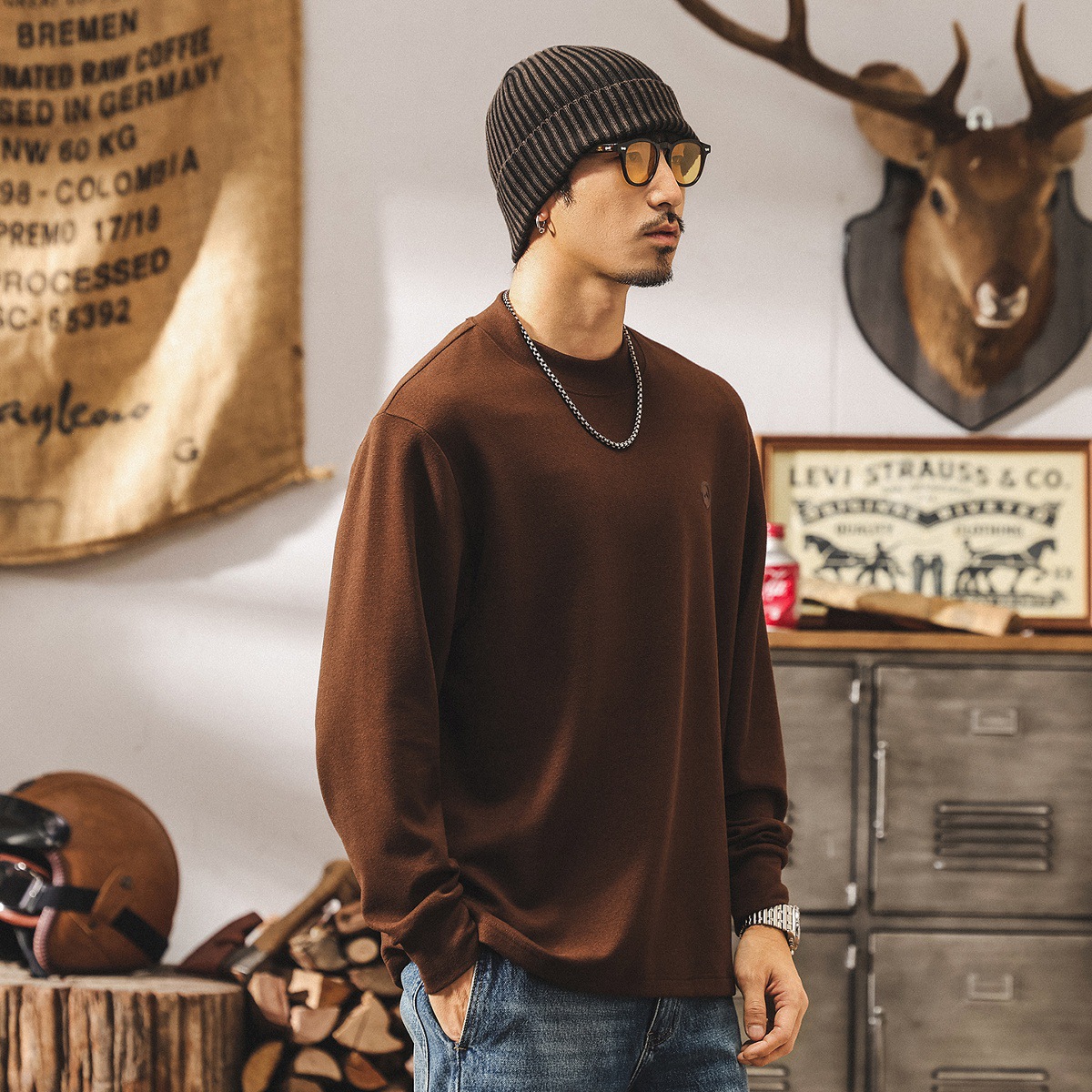 美式復古280g重磅t恤男長袖秋季新款寬鬆潮牌親膚保暖絨感打底衫