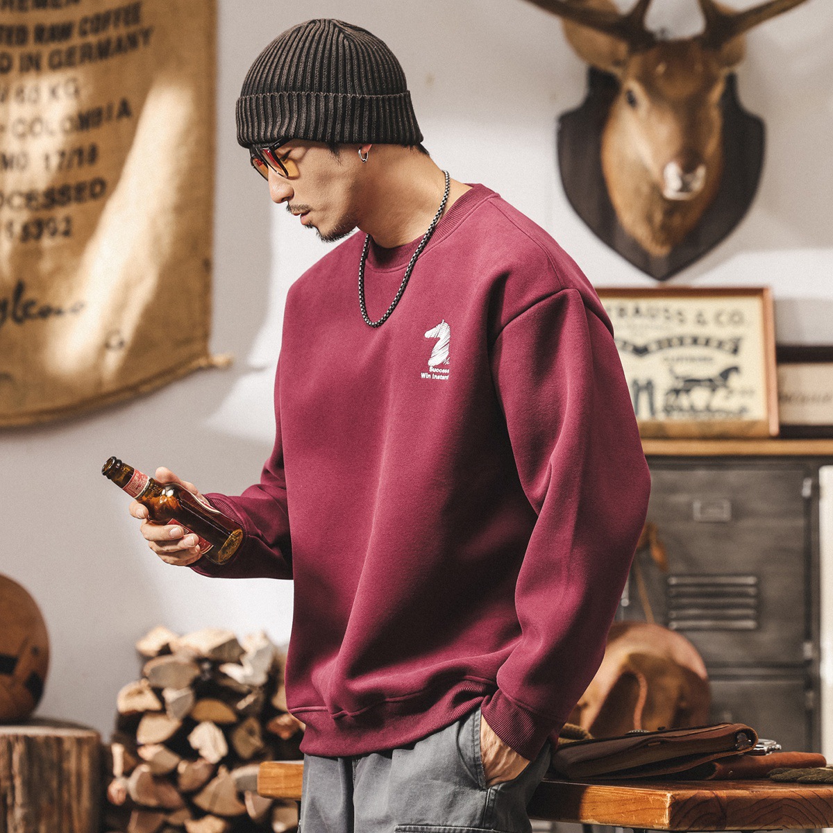 美式復古420g重磅衛衣男春秋2025新款潮牌刺繡寬鬆男士棗紅色上衣