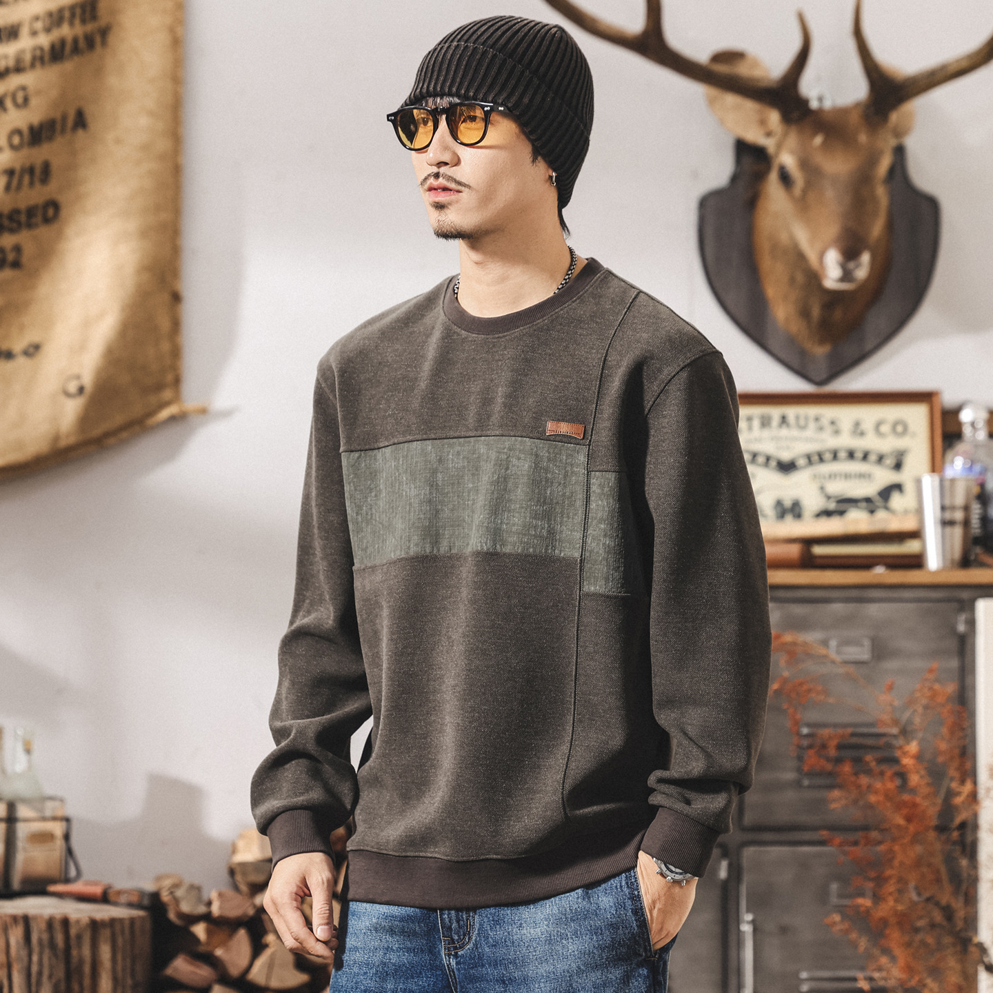 美式復古加絨衛衣男冬季加厚2025新款潮牌撞色拼接寬鬆長袖上衣男