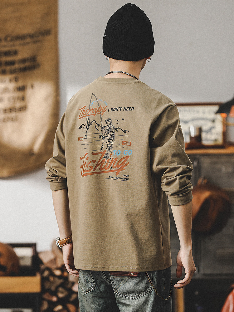 美式戶外釣魚印花重磅T恤男長袖2024新款男裝潮牌寬鬆上衣男