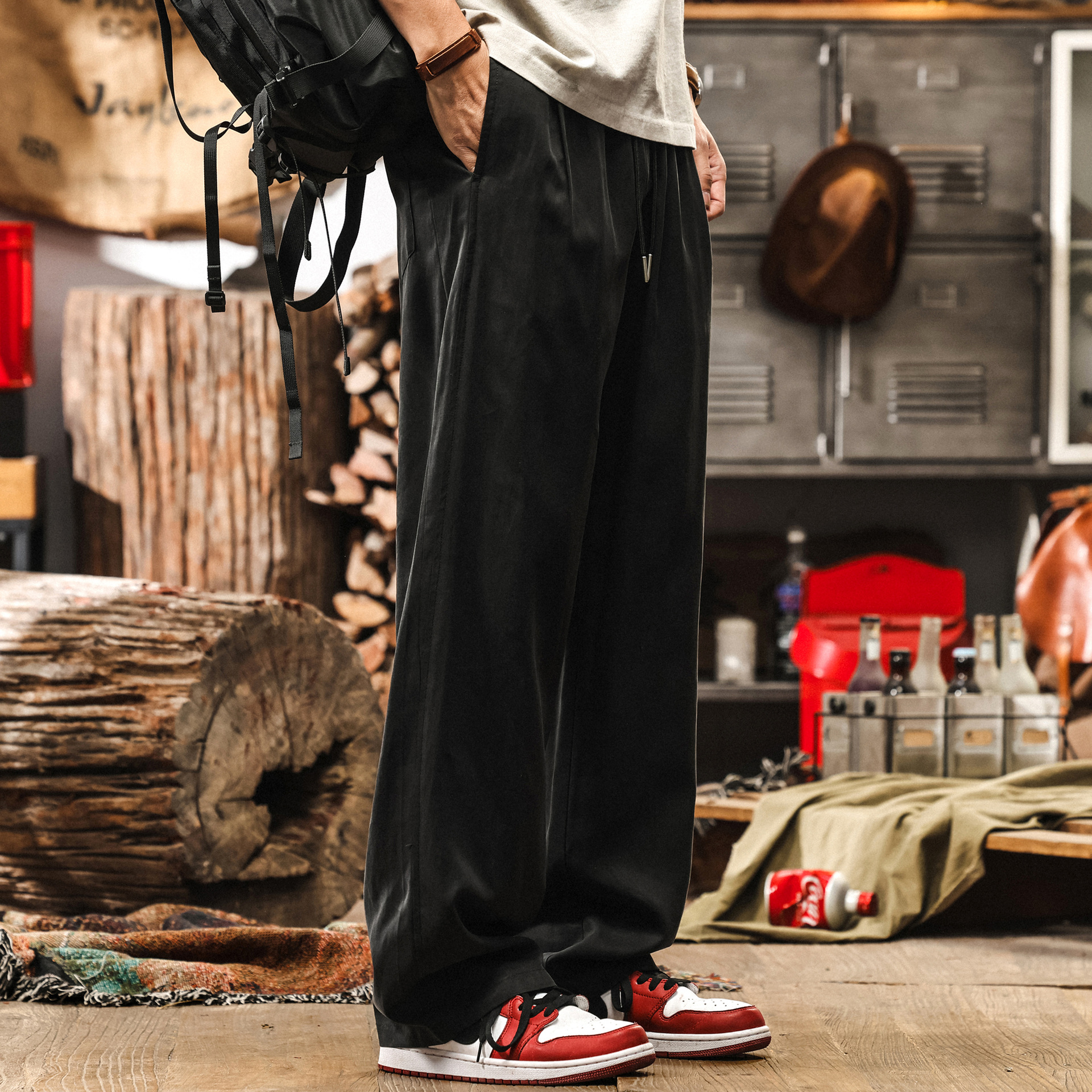 萊賽爾天絲柔軟順滑亞麻褲子男款夏季寬鬆直筒薄款黑色男士休閒褲