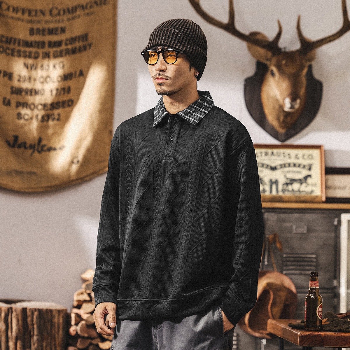 美式復古假兩件重磅衛衣男春秋2025新款寬鬆針織提花男士Polo衫潮