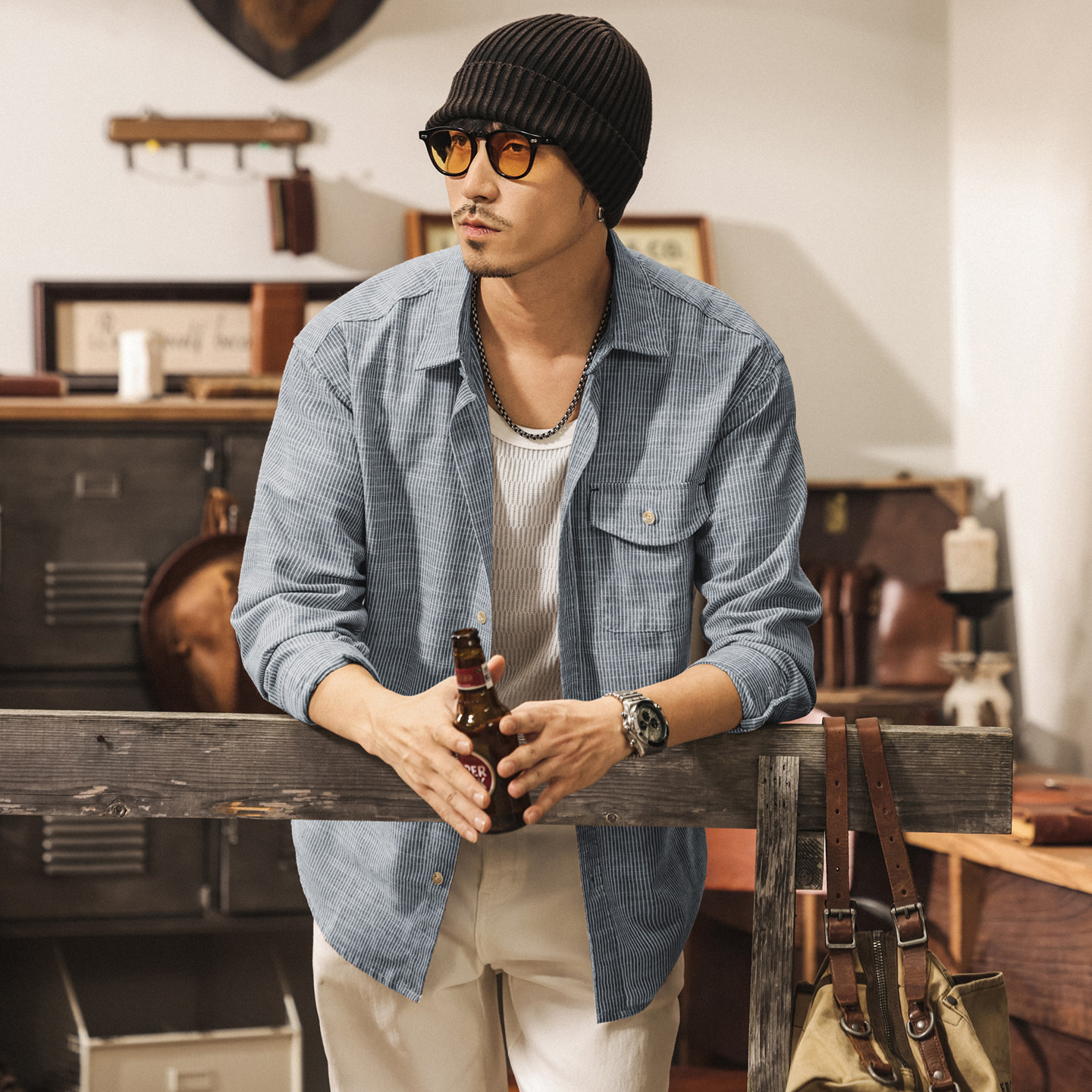 美式復古竹節紋透氣亞麻男士襯衫春季新款寬鬆長袖條紋襯衣男薄款