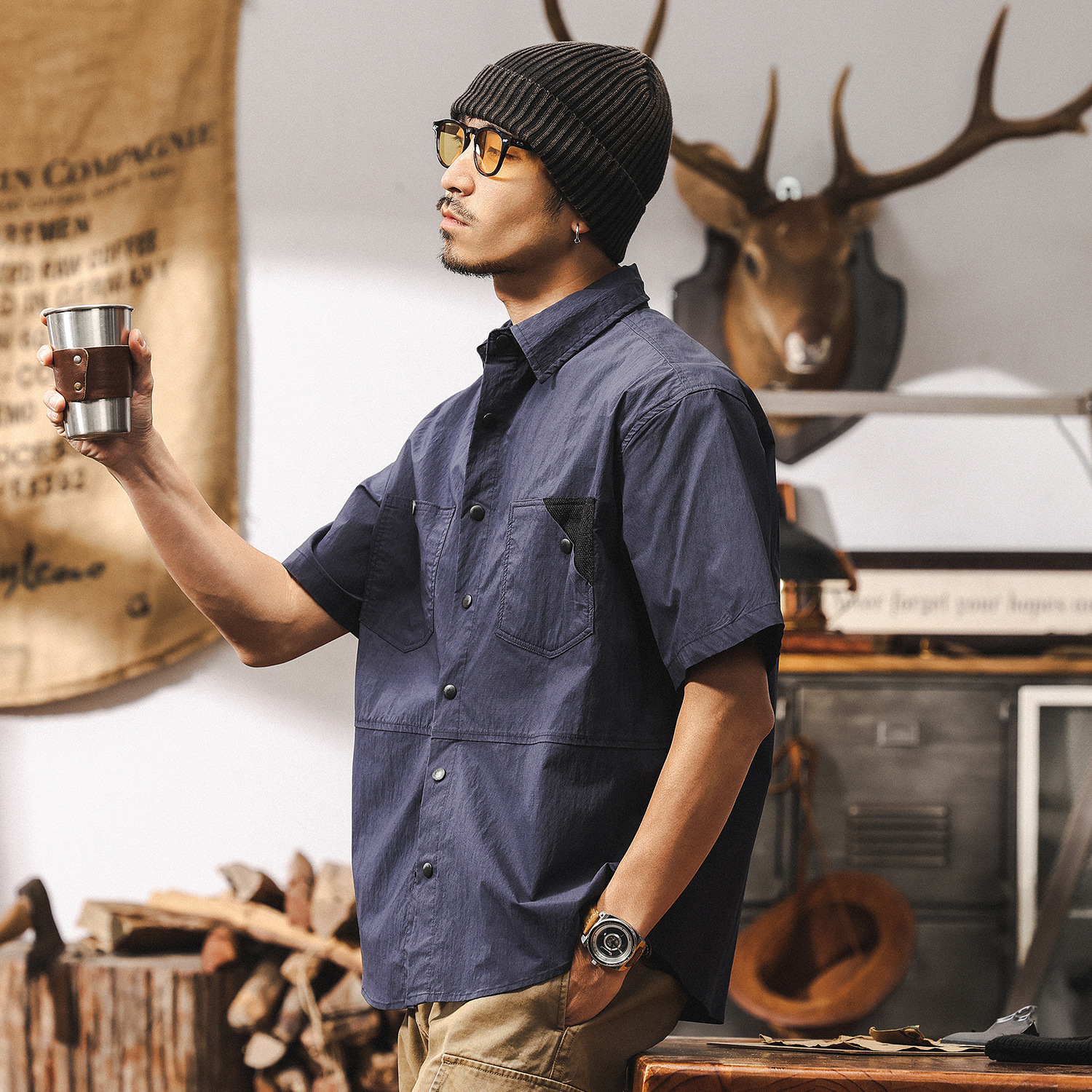 高級感60支棉錦山系戶外短袖襯衫男夏季潮牌美式復古撞色休閒襯衣