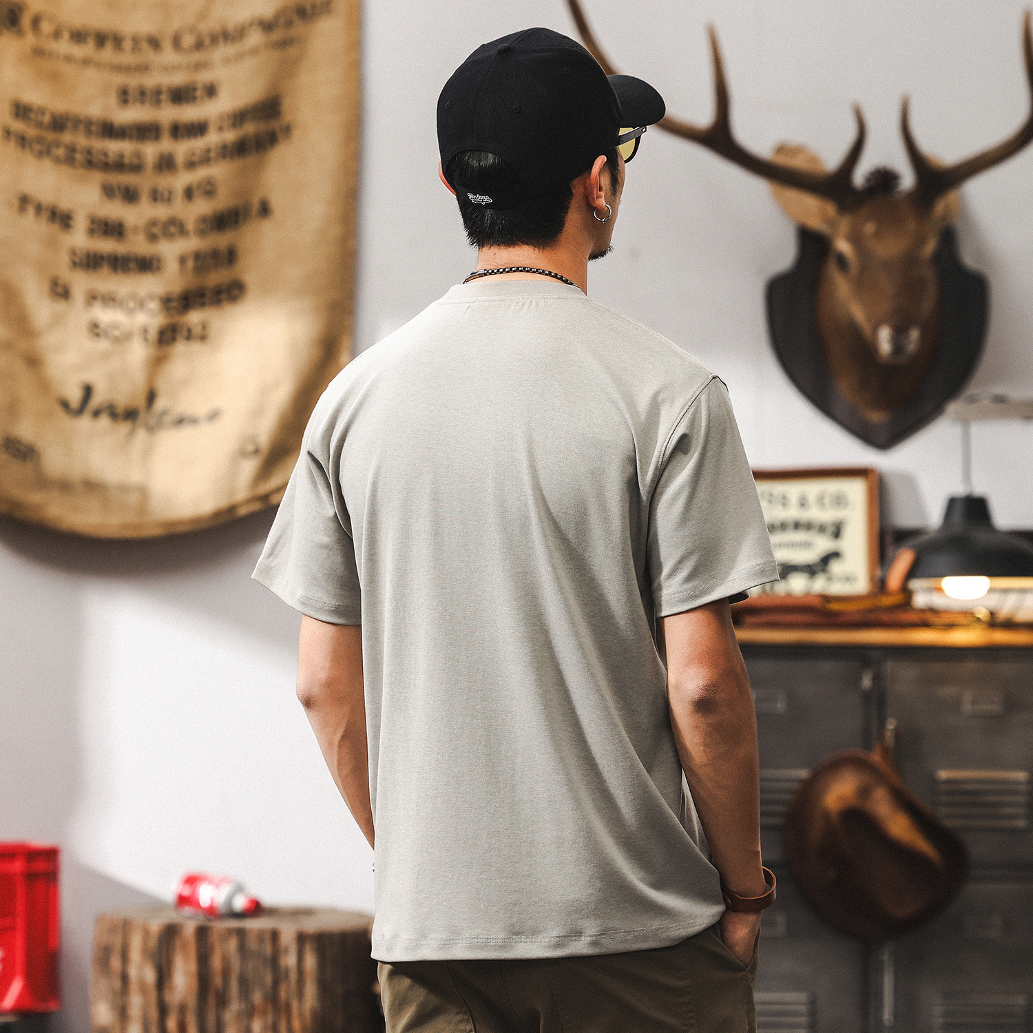 澳洲美莉諾羊毛萊賽爾短袖T恤男夏季美式復古高級感純色百搭上衣