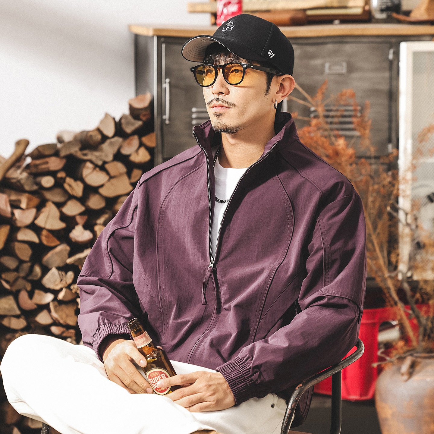 美式復古紫色外套男春秋2025新款潮牌城市通勤立領寬鬆教練夾克男