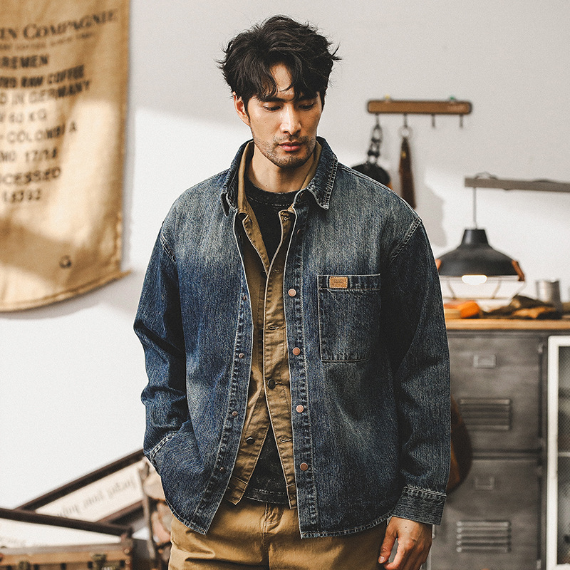 美式重磅竹節棉牛仔外套男款春秋潮牌紋理磨白寬松休閑長袖襯衫男