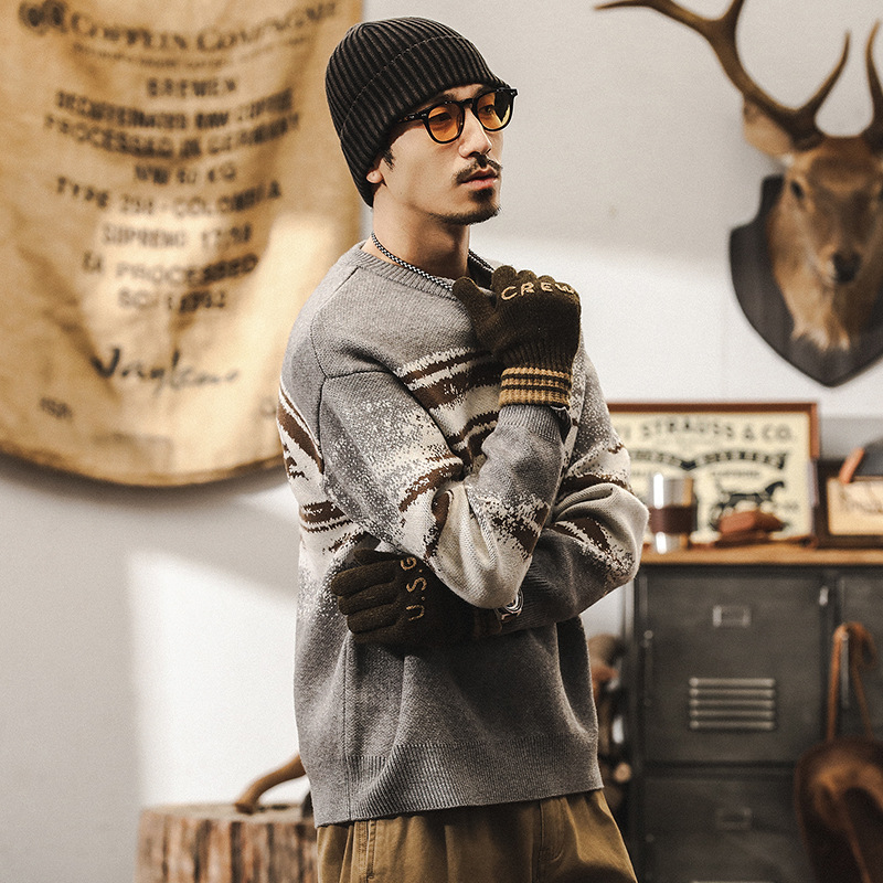 美式7針640g重磅復古毛衣男冬季圓領慵懶風針織衫男加厚線衫外套