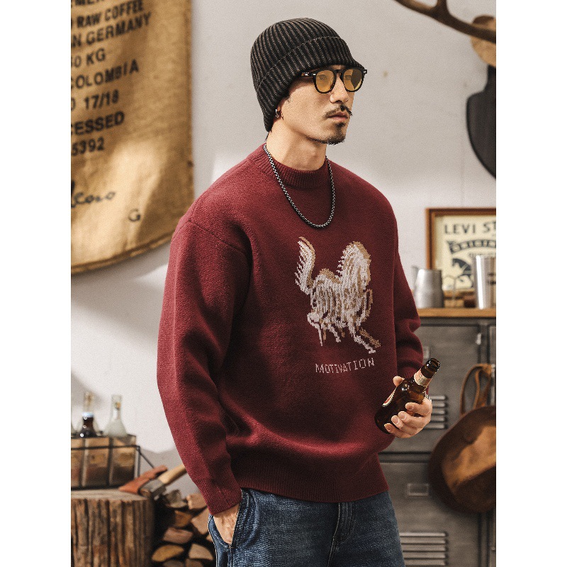美式復古重磅絨感紅色毛衣男款冬季加厚保暖毛線衣寬鬆男士針織衫