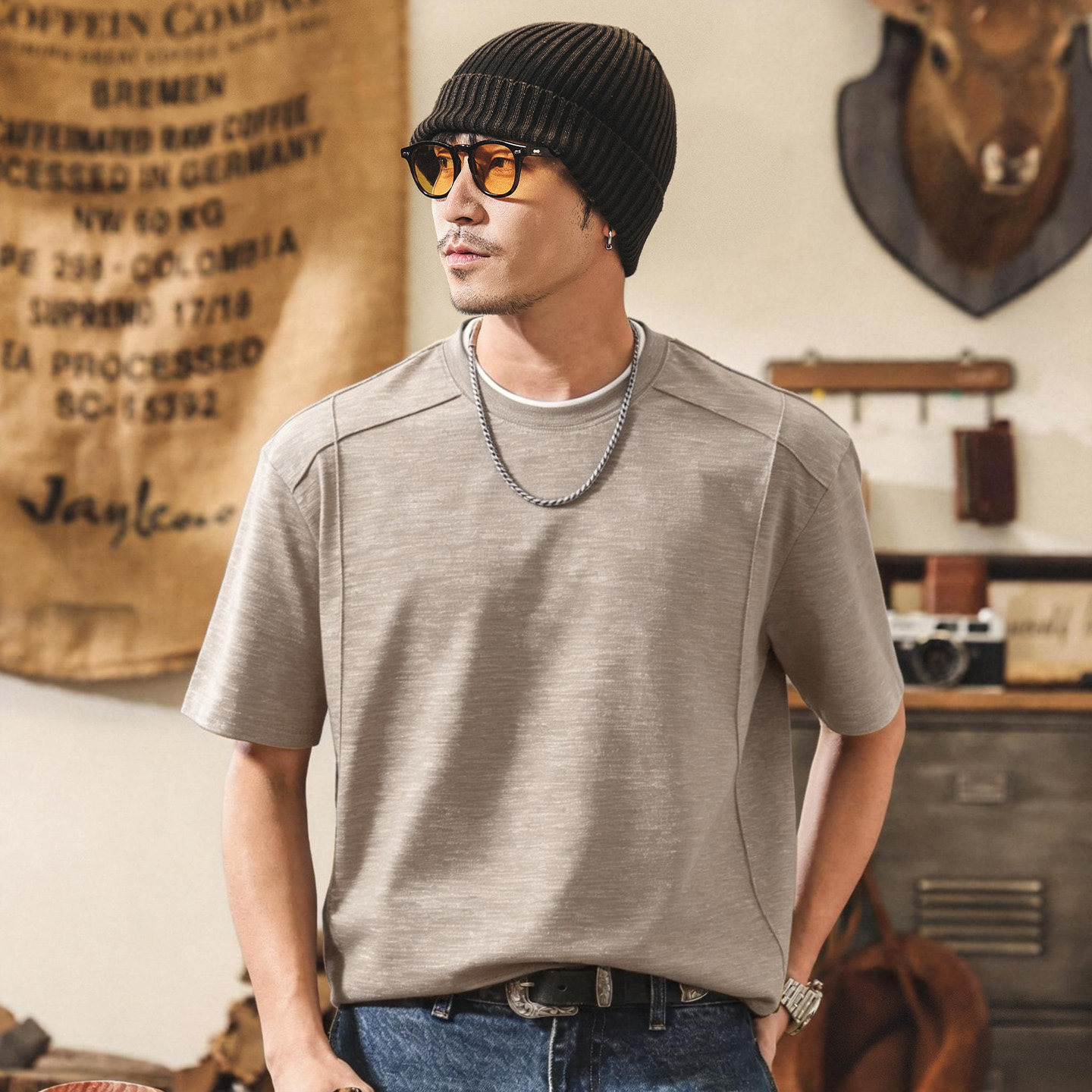 美式復古重磅假兩件男士短袖T恤夏季新款親膚花紗潮流寬鬆上衣男