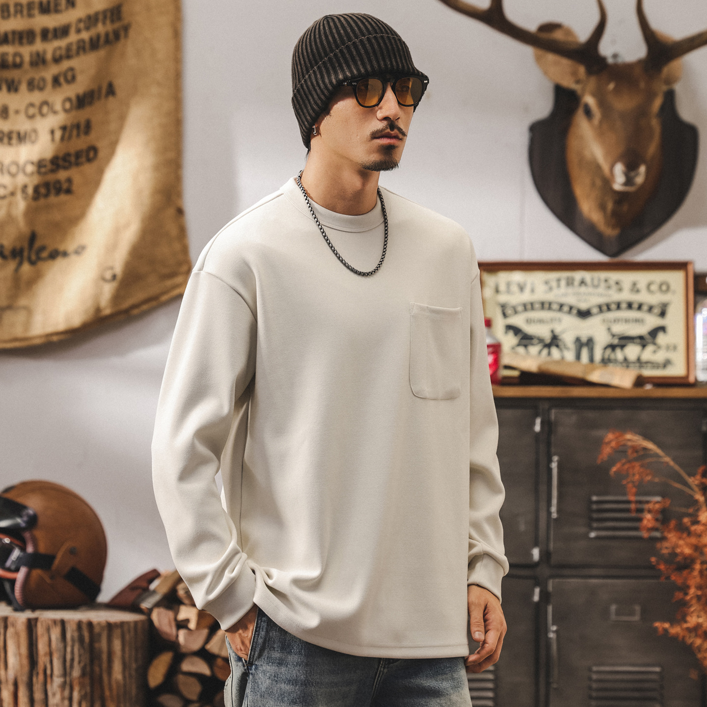 美式復古410g重磅賽爾絨衛衣男春秋新款寬鬆基礎純色內搭打底衫男